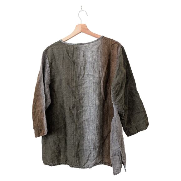 FLAX Linen Stripe Color Block Pullover Blouse Medium Neutral Mocha Brown Natural - Picture 2 of 10